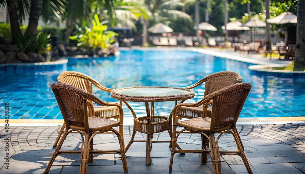 Many chairs and table near outdoors swimming pool at resort Many chairs and table near outdoors swimming pool at resort