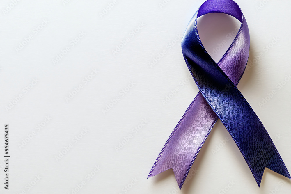 Purple ribbon on white background representing general cancer awareness ...