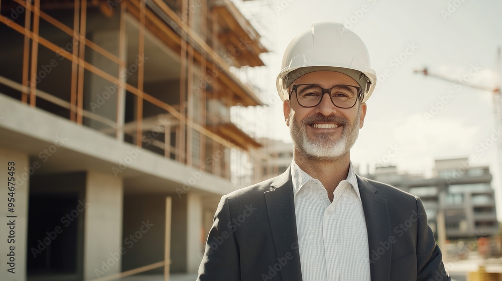 Construction site manager smiles confidently in front of building project during daylight Construction site manager smiles confidently in front of building project during daylight