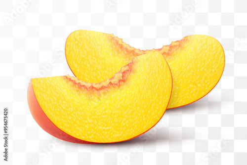 Ripe juicy slices of peach isolated on transparent background. Delicious sweet fruit. Realistic 3d vector illustration. Summer design. Concept of healthy food, vegetarian dieting