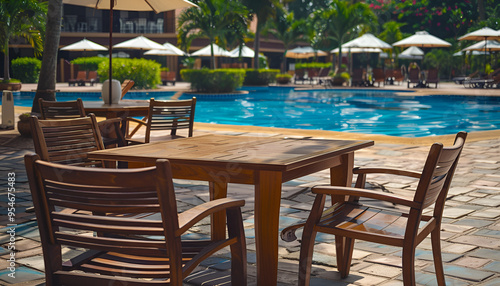 Many chairs and table near outdoors swimming pool at resort