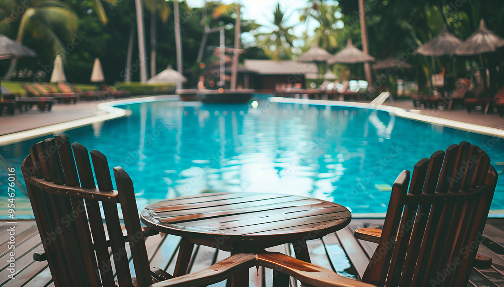 Many chairs and table near outdoors swimming pool at resort Many chairs and table near outdoors swimming pool at resort