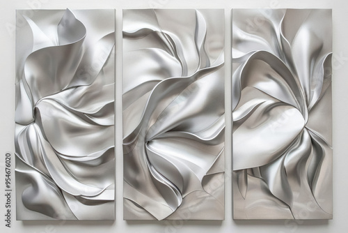 Metallic abstract 3d paintings, triptych 