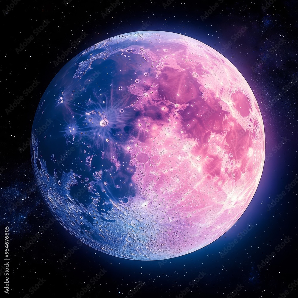 Fototapeta premium A stunning cosmic scene featuring a vibrant moon illuminated in shades of pink and blue, set against a deep starry sky.