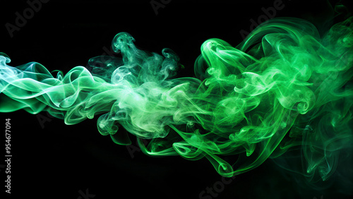 Green Smoke Rising in Gentle Swirl Against Deep Black Backdrop with Copy Space for Creative Text or Design Features