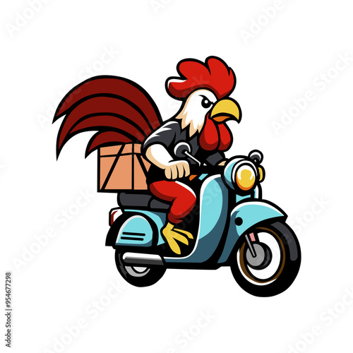 a rooster on a motorcycle with a box on the back.