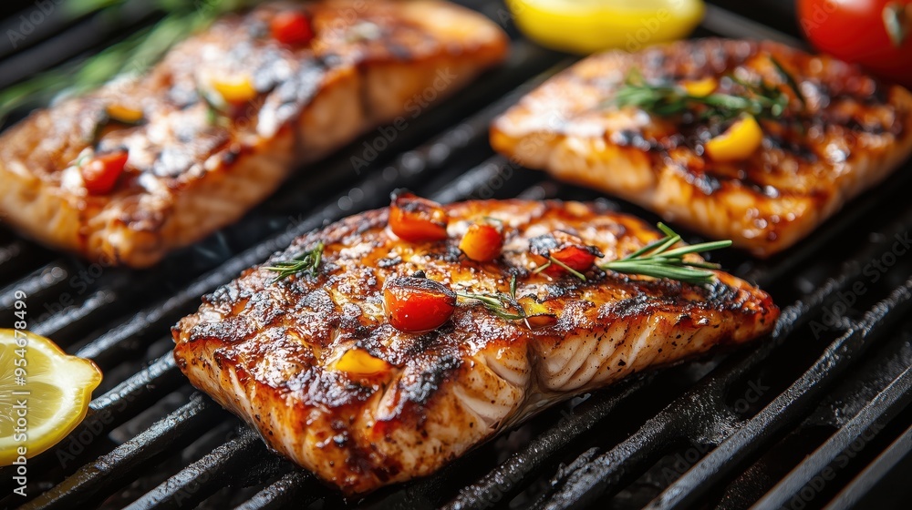 Grilling fish. Grilled food, barbecue. Grilled fresh seafood. Barbecue cooking. Fish steak. BBQ. Fried fish. Seafood. Grilling fish. Grilled food, barbecue. Grilled fresh seafood. Barbecue cooking. Fish steak. BBQ. Fried fish. Seafood.
