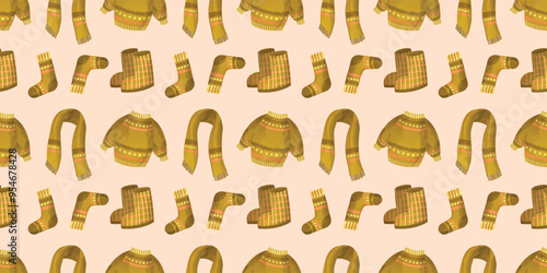 Seamless warm cozy fall pattern with a green sweater, socks, boots and scarf. Watercolor vector illustration. Autumn pattern for fabric, scrapbooking and stationery.