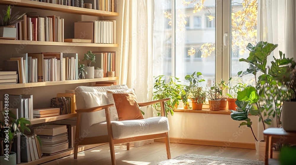 A bright, warm-toned reading nook with a cozy armchair, wooden shelves, and large windows letting in natural light, creating an inviting and airy ambiance. Plenty of space for copy. A bright, warm-toned reading nook with a cozy armchair, wooden shelves, and large windows letting in natural light, creating an inviting and airy ambiance. Plenty of space for copy.