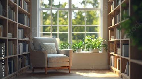 A bright, warm-toned reading nook with a cozy armchair, wooden shelves, and large windows letting in natural light, creating an inviting and airy ambiance. Plenty of space for copy.