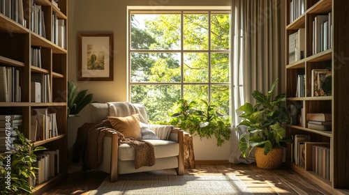 A bright, warm-toned reading nook with a cozy armchair, wooden shelves, and large windows letting in natural light, creating an inviting and airy ambiance. Plenty of space for copy.