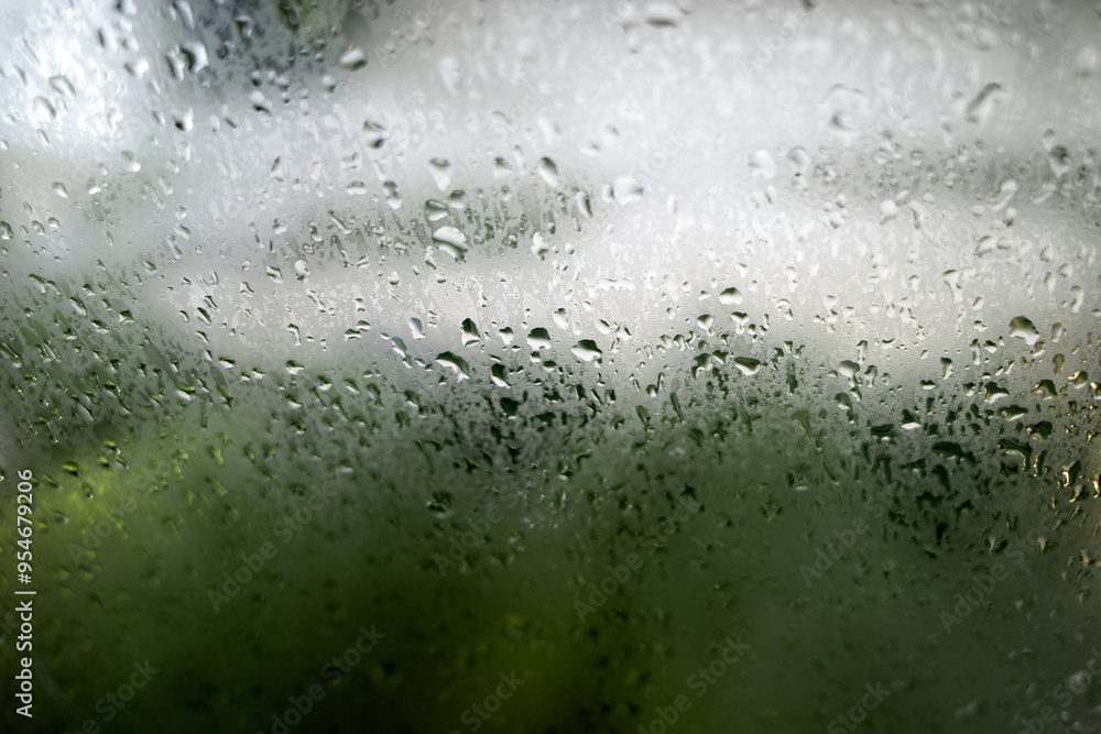 Water drops on a glass window with green nature Water drops on a glass window with green nature