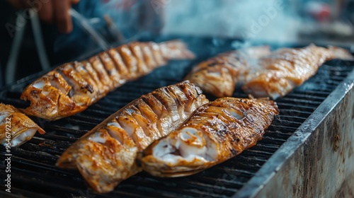 Grilling fish. Grilled food, barbecue. Grilled fresh seafood. Barbecue cooking. Fish steak. BBQ. Fried fish. Seafood.