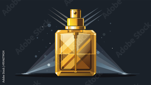 A gold glass bottle containing men's eau de parfum is seen on a transparent background. It is a fragrance for men and comes in a spray form. This modern luxury parfum de toilette includes hints of