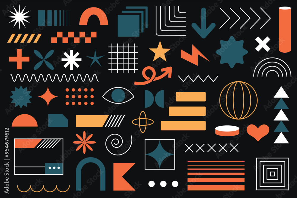 Obraz premium Brutalism elements set.Trendy abstract design. Flat vector illustration,icon collection. Geometric sticker set. Abstract art space.Simple logo vector.