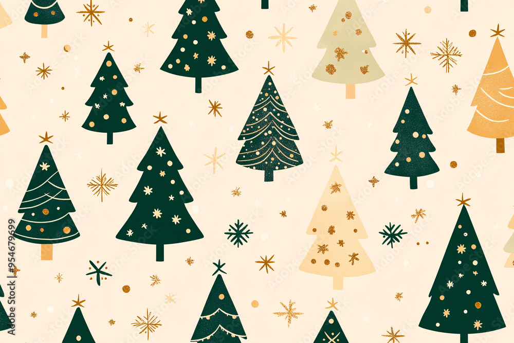 Obraz premium A charming pattern of Christmas trees decorated with stars set against a light background evoking a festive holiday spirit