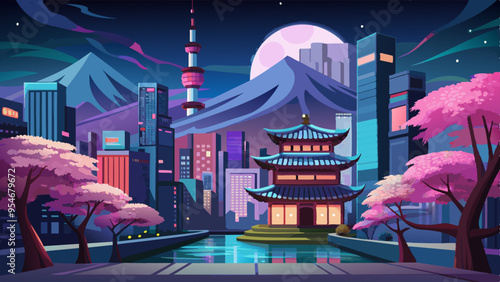 Fantasy Japanese night view city citycape, neon light, residential skyscraper buildings, pink cherry sakura tree. Night urban anime fantasy.