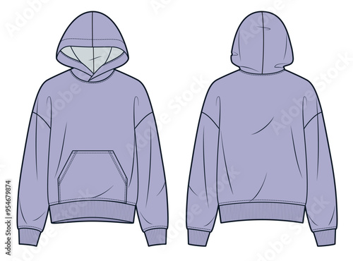 Hooded Sweatshirt technical fashion illustration. Sweatshirt fashion flat technical drawing template, oversize, front and back view, pocket, lilac color, women, men, unisex Top CAD mockup.