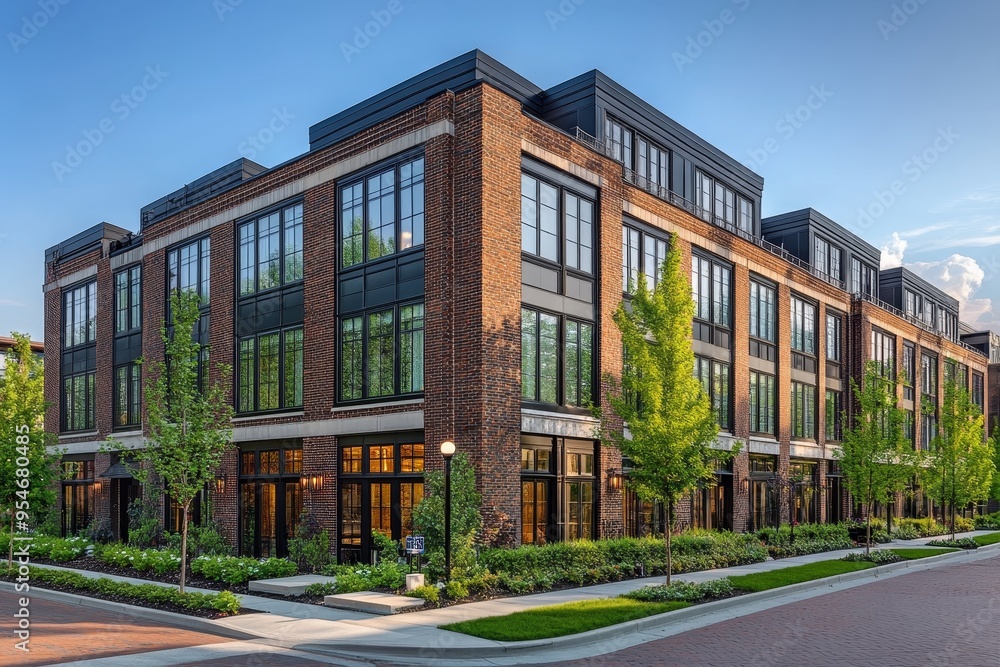 New Modern Residential Building Exterior with Large Windows and Landscaped Grounds on Sunny Day New Modern Residential Building Exterior with Large Windows and Landscaped Grounds on Sunny Day