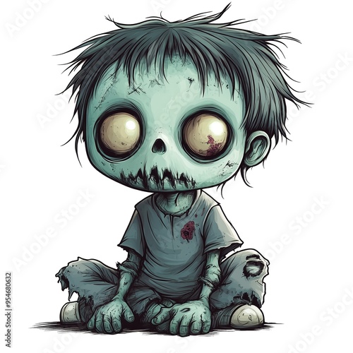 Cute Cartoon Illustration of Little Halloween Zombie. Unique design, Halloween mascot. AI generated.