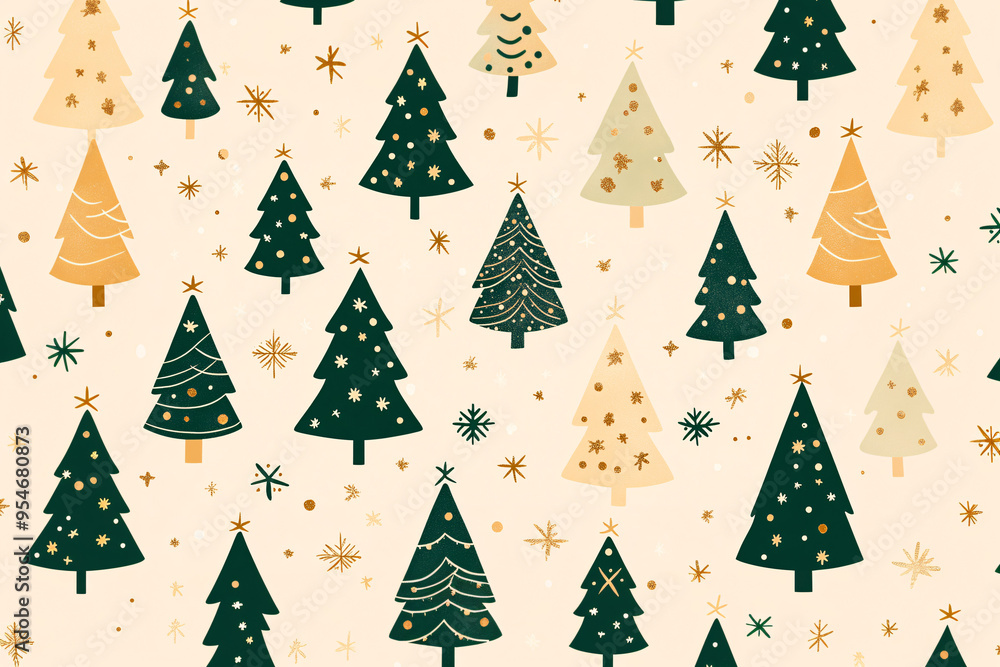 A festive pattern of Christmas trees in various shades of green and gold scattered across a light background A festive pattern of Christmas trees in various shades of green and gold scattered across a light background
