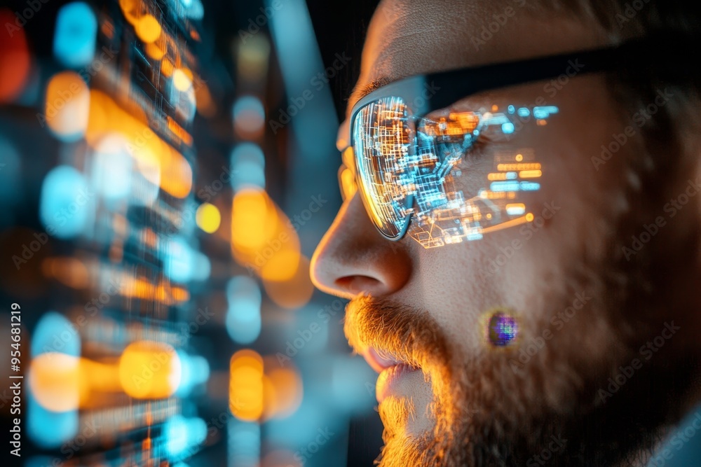 Man in Glasses Explores Futuristic Digital Interface with Immersive Virtual Data Visualization Man in Glasses Explores Futuristic Digital Interface with Immersive Virtual Data Visualization