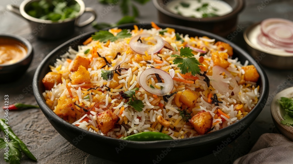 Qatari Machboos: A spiced rice dish with chicken or lamb, similar to biryani, garnished with fried onions. - Qatari Machboos: A spiced rice dish with chicken or lamb, similar to biryani, garnished with fried onions. -