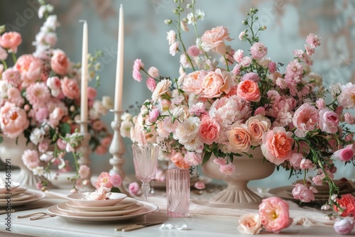 wedding table with decor floral composition made of pink flowers, floral installation, beauty and elegance photo