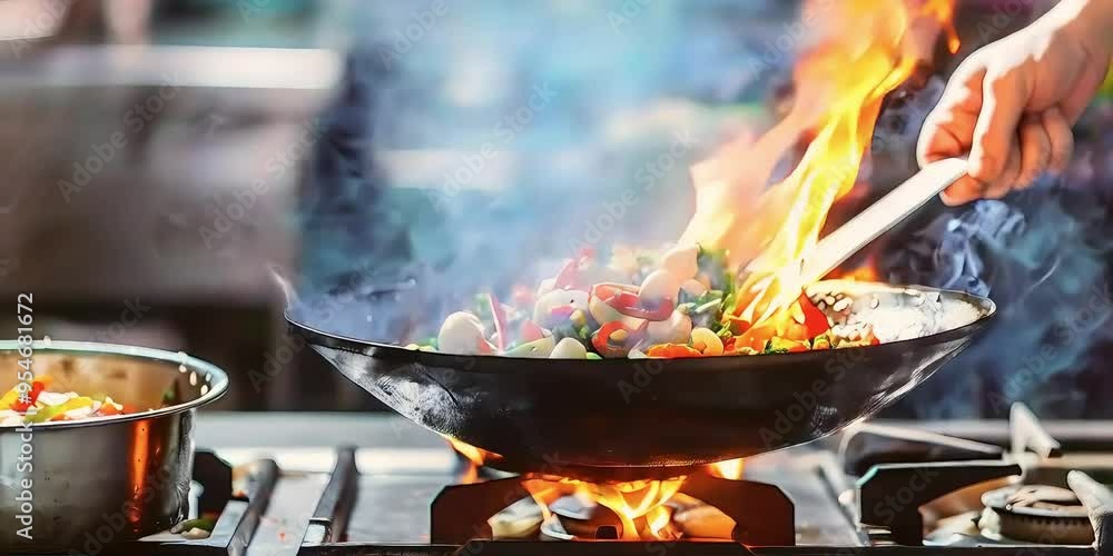 cooking chef using wok on a stovetop, Flames beneath the wok suggest intense heat cooking chef using wok on a stovetop, Flames beneath the wok suggest intense heat
