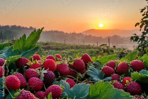 Stowberries on a stowberry farm with sunrise in the background photo