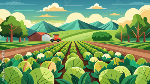 Background with a field of Lettuce plantations. Growing, harvesting Lettuce. Healthy natural food and vegetable background concept.