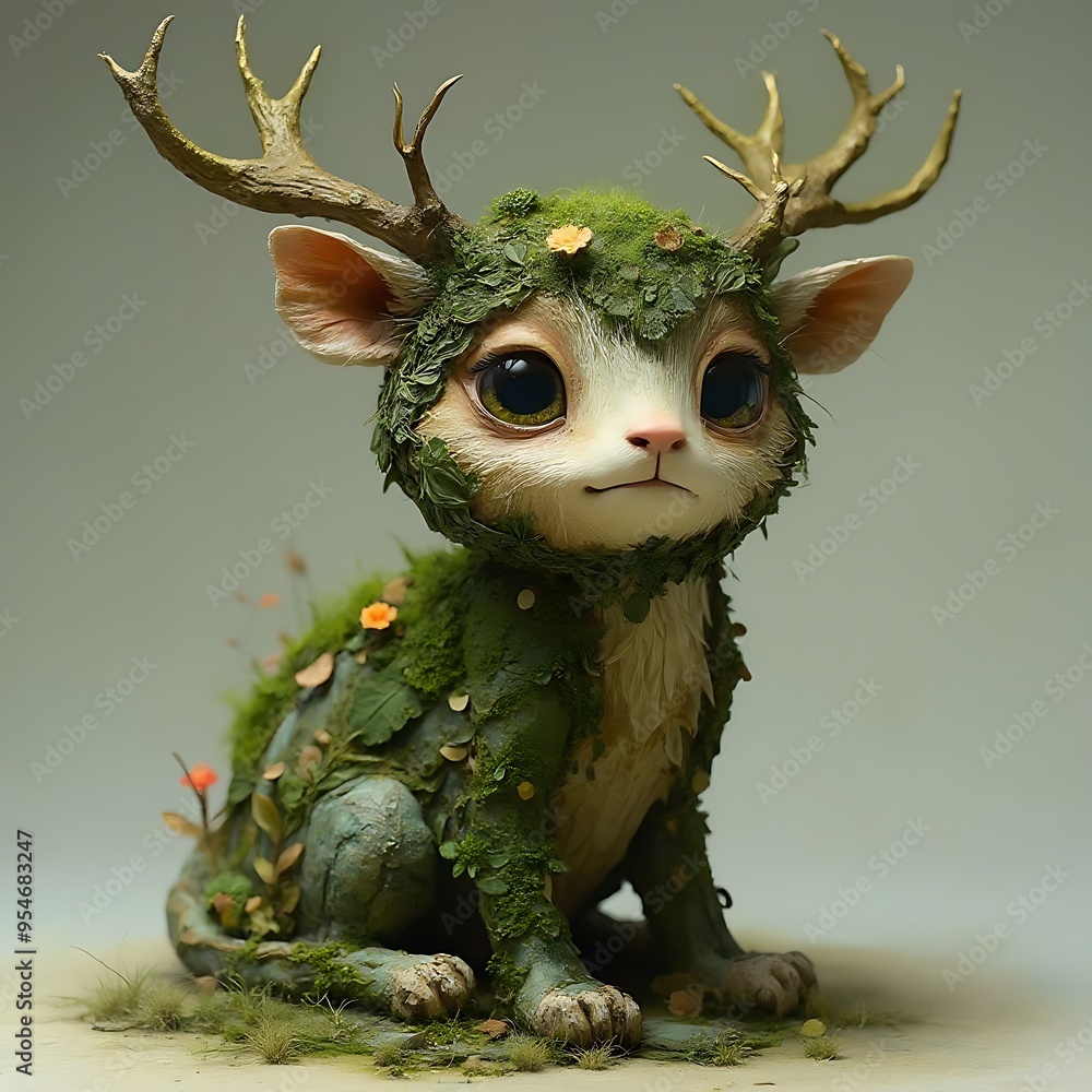 Fototapeta premium Cute Fantasy Creature with Antlers Moss and Flowers
