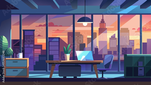 Blurred office workspace in the evening , interior workplace with cityscape for business presentation background, AI generated