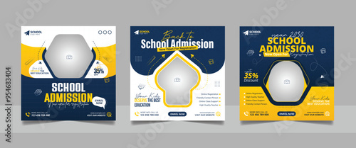back to school admission social media post set, higher education promotion square flyer web banner study abroad template design.