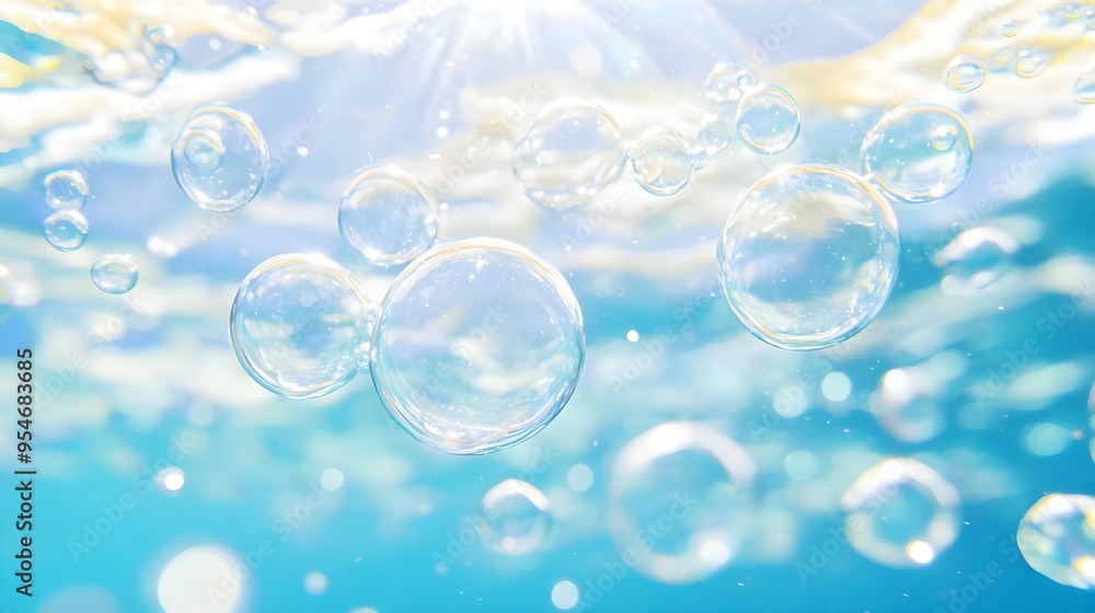 Abstract Blue Bubbles Underwater with Sun Glare Abstract Blue Bubbles Underwater with Sun Glare