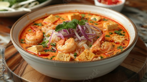 Singaporean Laksa: A spicy laksa noodle soup with prawns, tofu puffs, and a coconut milk broth. Curry Laksa. Laksa Lemak.