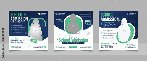 back to school admission social media post set, higher education promotion square flyer web banner study abroad template design.