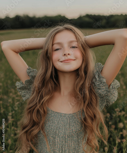 Young Girl in Ruffled Sundress Innocent Smiles and Playful Frolic in a Field 