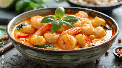 Singaporean Laksa: A spicy laksa noodle soup with prawns, tofu puffs, and a coconut milk broth. Curry Laksa. Laksa Lemak. photo