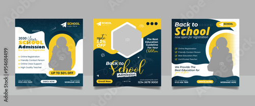 back to school admission social media post set, higher education promotion square flyer web banner study abroad template design.