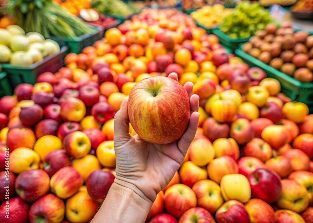 Hand holding fresh apple above fruit display in market Hand holding fresh apple above fruit display in market