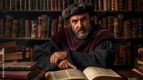 evocative portrait of a medieval scholar, surrounded by manuscripts and ancient books, illustrating the pursuit of knowledge and learning during the Middle Ages
