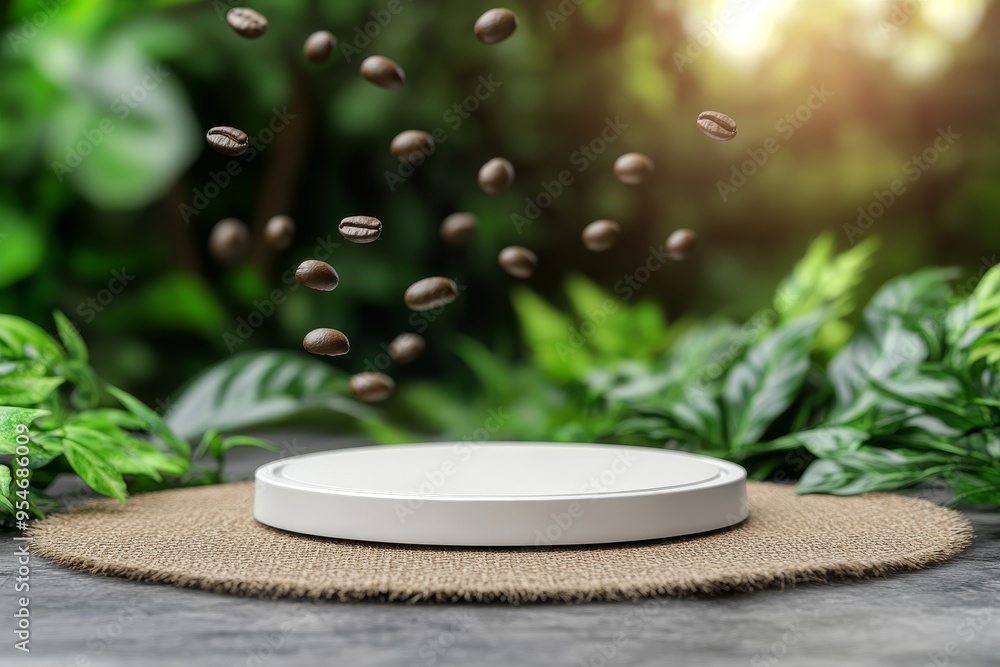 Empty White Round Podium On Natural Jute With Falling Coffee Beans On Green Foliage Background Empty White Round Podium On Natural Jute With Falling Coffee Beans On Green Foliage Background