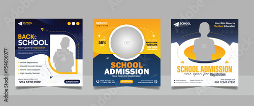 back to school admission social media post set, higher education promotion square flyer web banner study abroad template design.