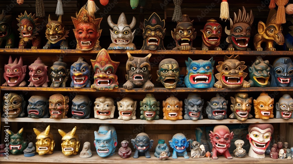 A vibrant collection of various traditional masks is showcased on wooden shelves at a bustling artisan market, reflecting local art and culture under bright daylight A vibrant collection of various traditional masks is showcased on wooden shelves at a bustling artisan market, reflecting local art and culture under bright daylight