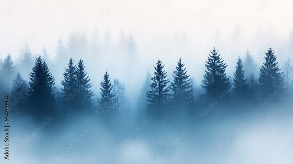 Mysterious misty forest with evergreen trees shrouded in soft fog hues. Mysterious misty forest with evergreen trees shrouded in soft fog hues.