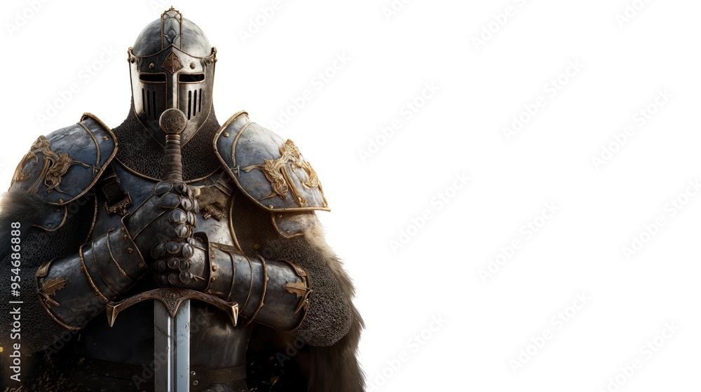 A knight dressed in intricate armor grips a sword firmly, showcasing a powerful presence. The blank background emphasizes the knight’s readiness for battle and the grandeur of the era A knight dressed in intricate armor grips a sword firmly, showcasing a powerful presence. The blank background emphasizes the knight’s readiness for battle and the grandeur of the era