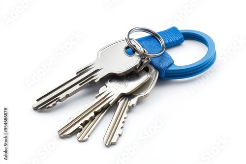 a precise image of a set of shiny metal keys on a bright blue keychain, with a few keys dangling downwards