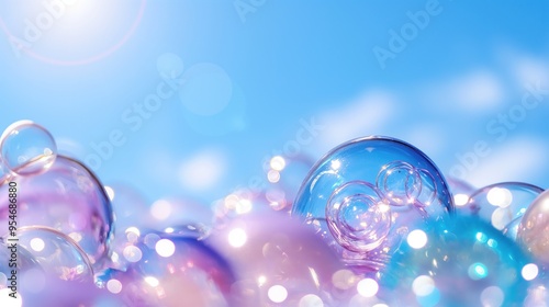 Bubbles of various sizes float freely in the air, catching sunlight and reflecting a spectrum of colors against a serene blue backdrop filled with soft clouds