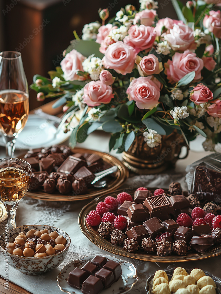 Elegant dessert table with chocolates and cookies accompanied by wine and adorned with a bouquet of roses Elegant dessert table with chocolates and cookies accompanied by wine and adorned with a bouquet of roses